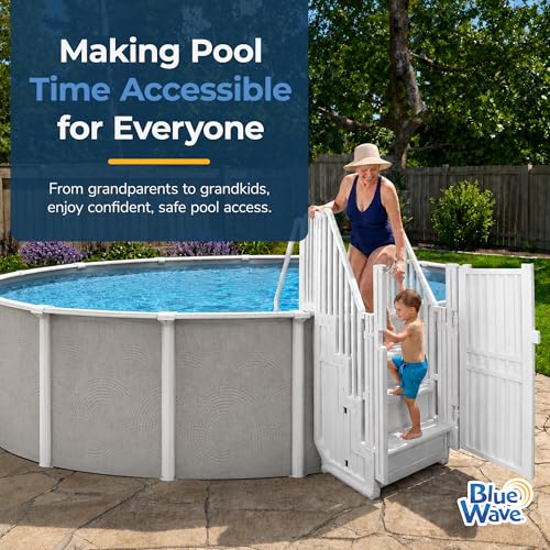 Image of Blue Wave Above Ground Pool Steps with Gate and Bridge - Heavy Duty Stairs with Dual Handrails, 350-lb Capacity - Freestanding for 48 to 54 Inch Deep Pools, No Deck Required