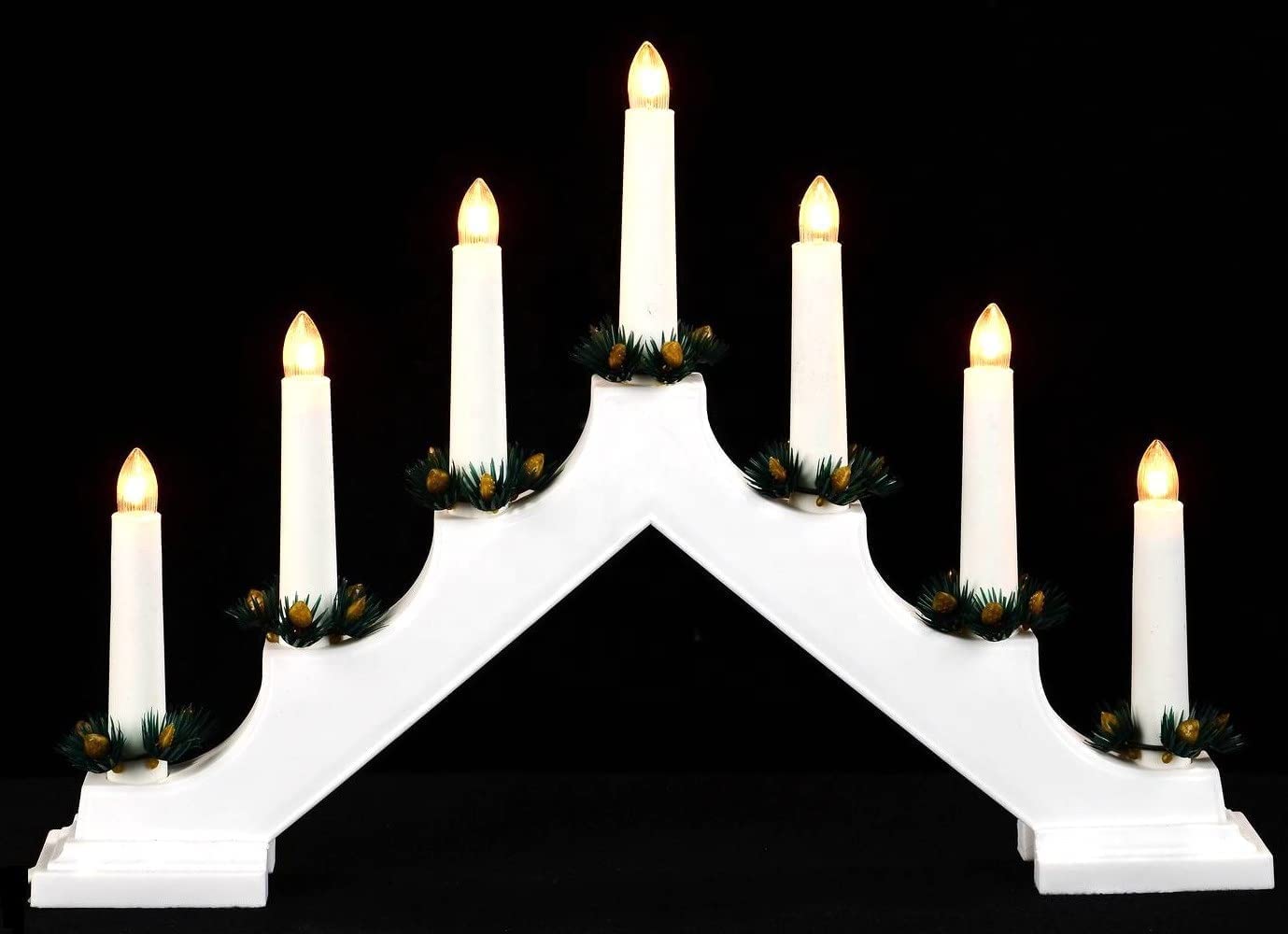 Sarrah Little Store White 7 Led Wooden Christmas Candle Bridge - Battery Operated - Window Decoration Arch - Indoor Warm Light - Xmas Festive Pre-Lit (White)