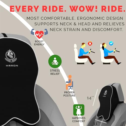 Image of MRRON Supreme Car Neck Rest Pillow | 5 Year Warranty | Hi-Per Foam Headrest Cushion | Ultra-Soft & Comfortable | Neck & Cervical Support | Pain Relief | Washable Cover | Black