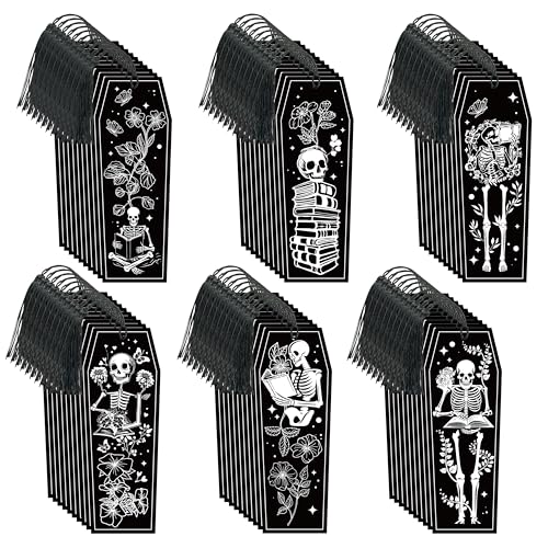 Haooryx Halloween Skeleton Coffin Bookmark - 60 Pcs Gothic Double-Sided Bookmarks with Black Tassels for Halloween Party Game Prize Gift Goodie Bag Filler Reading Enthusiasts Classroom Reward Supplies