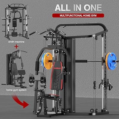 SunHome Multifunction Home Gym Equipment Workout Station, Smith Machine with 138LB Weight Stack, Leg Press, LAT Station for Full Body Training