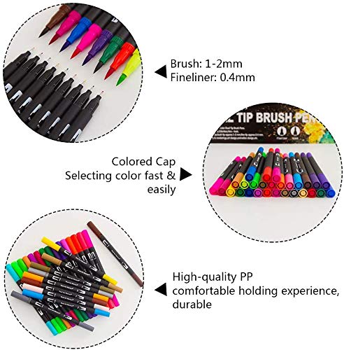 Dual Brush Pen Set 48 Farben Pinselstifte mit Zwei Spitzen Filzstifte Marker für Bullet Journal, Malbücher, Handlettering, Manga, Kalligraphie, Mandala, Skizzieren für Kinder und Erwachsene – Bild 6