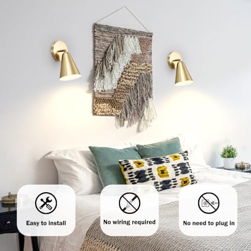 Image of Battery Operated Wall Sconces Set of 2, Gold Rechargeable Wireless with Remote Control, Cordless Battery Led Wall Lights, Dimmable RGB Indoor Wireless Lamp for Bedroom Living Room, 330&180Rotate