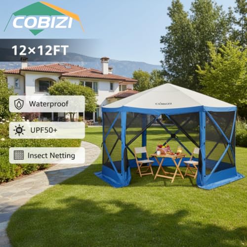 Image of COBIZI 12x12 FT Pop Up Canopy Shelter Tent, Large Gazebos On Clearance with Sidewalls, Screened in Gazebo, Screen Tents Portable carpas para Patio for Outdoor Camping, Backyard, Garden, Beach, Blue