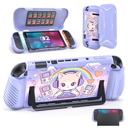 Image of FASTSNAIL Protective Cute Case Cover for Nintendo Switch 2 with Cartoon Cat | TPU Switch 2 Dockable Case with Cat Pattern, Military Protection, Split Design, Ergonomic Grip, PC Front Cover, 12 Game Slots
