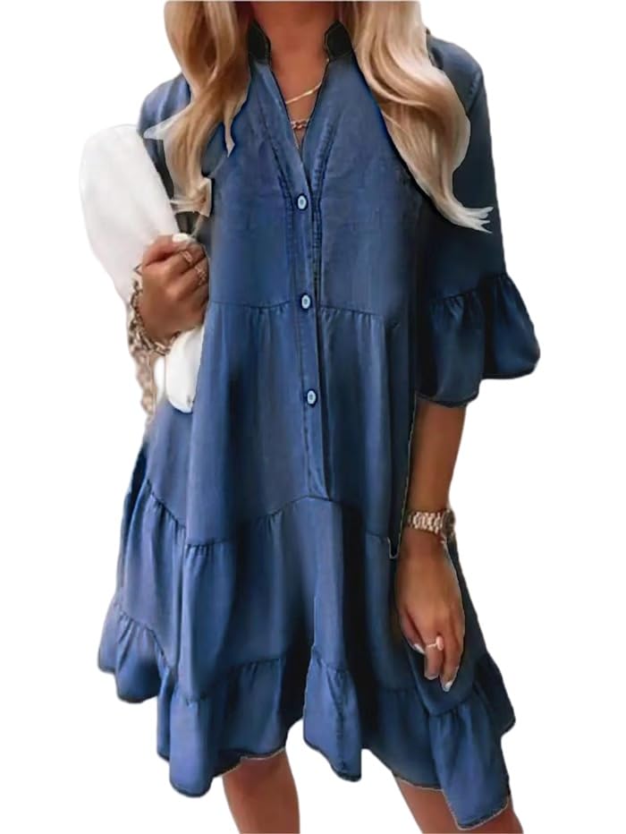 INRLEWGB Damen Jeanskleid, Lässig, Kurzärmelig, Button-Down, Gestuftes Babydoll, Jeans, Midi-Tunika, Hemdkleid, Lockere Passform, Modische...