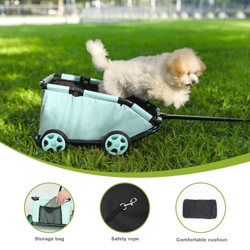 Mini-Hundewagen für Mini-Haustiere, Faltbarer multifunktionaler Einkaufswagen mit ausziehbarem Ziehgriff Im Freien, Wagon eingebautem Kissen und Sicherheitsseil mit Aufbewahrungstasche (Blaugrün)