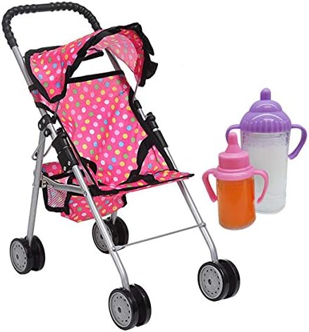 fash n kolor Doll Stroller with Basket - My First Baby Doll Umbrella Stroller - Pink Polka Dot Foldable Doll Pram Baby Doll Accessories Gift Toys for Girls with 2 Free Bonus Bottles