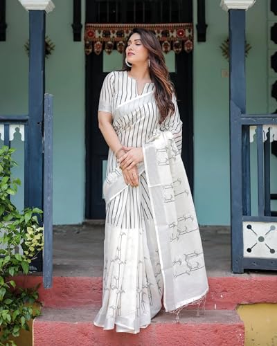 Image of RAJESHWAR FASHION WITH RF Women's Lime Green Floral Print Linen Cotton Saree with Contrast Pallu, Tassel Border, Traditional Summer Festive with Blouse Piece