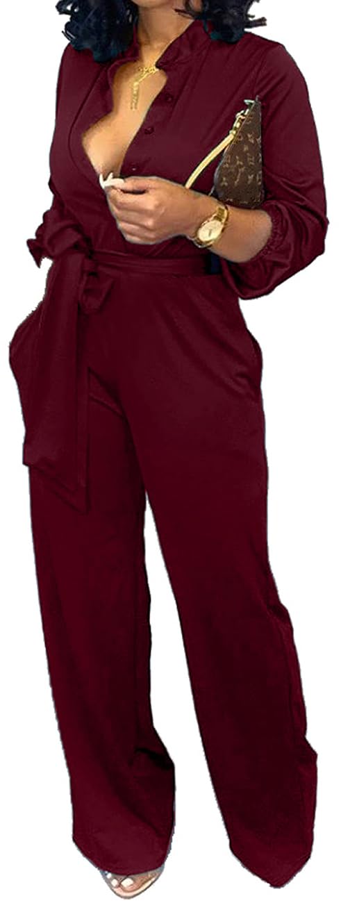 Women Jumpsuits For Elegant Sexy V Neck Long Sleeve Casual for Work Wide Leg Pants with Pockets Belt