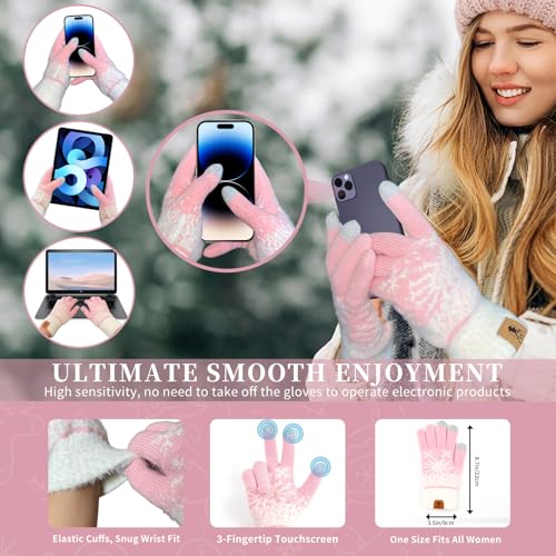 4 PCS Hat Gloves Scarf Set for Women with Winter Headband Warm Knit Gloves Scarf Fleece Beanie with Pom Pom4