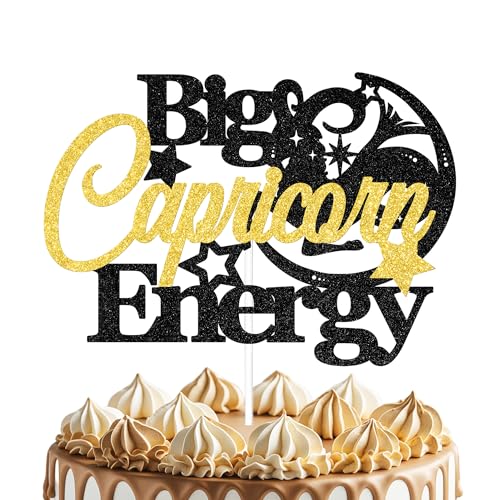 SJcysrilla Big Capricorn Energy Cake Topper Capricorn Birthday Cake Decor for December/January 12 Constellation Zodiac Theme Birthday Party Decorations Supplies Black & Gold Glitter