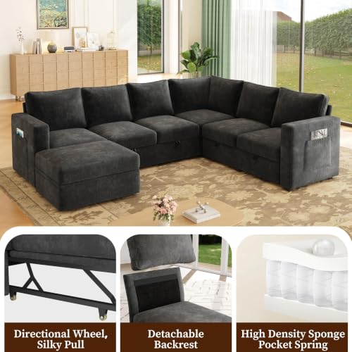 Image of 106.7 inch Chenille Sectional Sleeper Sofa, Pull Couch with Storage, Dark Gray | 7 Seat Comfy Couches for Living Room, Apartments, or Guest Spaces; Sectionals Modular Sofa Design, Comfortable Seating.