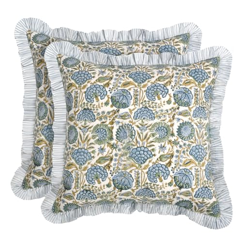 Ridhi Block Print Asparagus Green Throw Pillow Cover 18 x 18 (Pack of 2) Decorative Cushion Covers with Ruffle for Couch Sofa Bed Living Room Home Decor Gift for Spring Easter Valentine