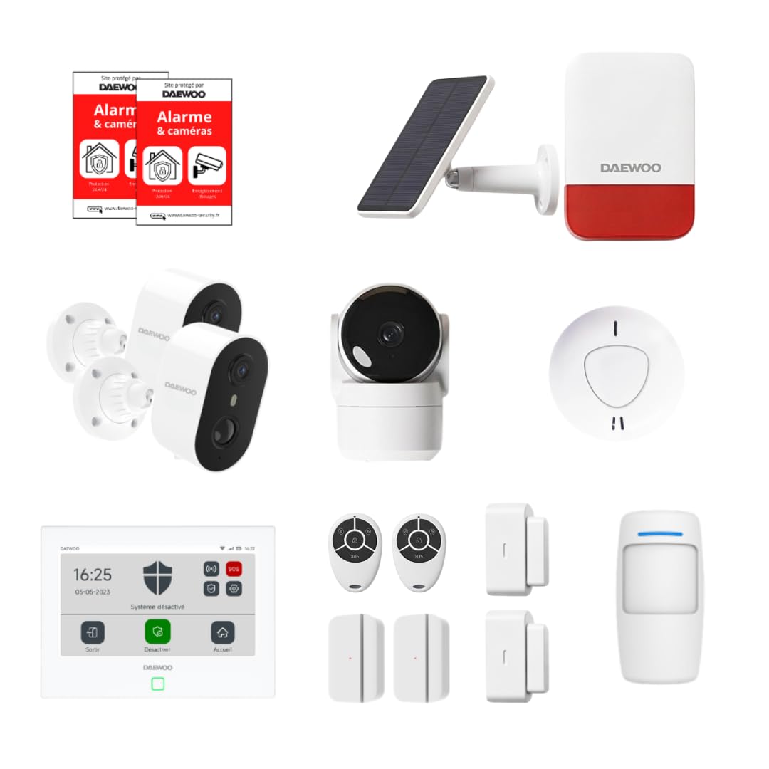 Alarma para casa conectada sin suscripción – Daewoo Security Smart Protect Safety Essential con cámaras HD, Sirena Solar, Detector de Humo y 4 contactores de Puerta – Compatible con Alexa & Google