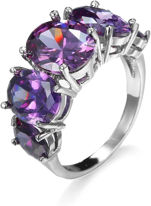 AZQ 925 Sterling Silver Amethyst Ring Oval Perfect Cut 2Ct Cubic Zirconia Rings CZ 5-Stone Eternity Engagement Wedding Band Ring for Women