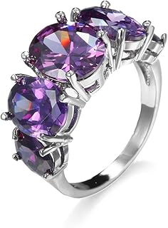 925 Sterling Silver Amethyst Ring Oval Perfect Cut 2Ct Cubic Zirconia Rings CZ 5-Stone Eternity Engagement Wedding Band Ring for Women