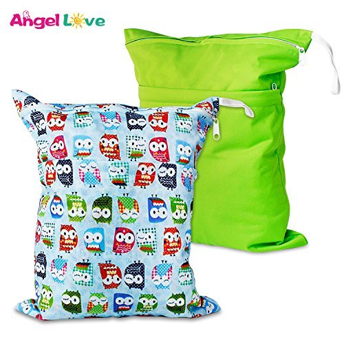 Image of Angel Love Wet Bags, 2 Pack Baby Cloth Diaper Wet/Dry Bags with Two Zippered Pockets, Travel, Beach, Pool, Gym Bag for Swimsuits or Wet Clothes, Waterproof Washable Reusable, L0125