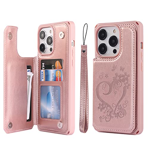 Cavor for iPhone 14 Pro Max Case Wallet with Card Holder,for iPhone 14 Pro Max Phone Case for Women Men,14 Pro Max Case with Stand & Strap,Leather Credit Card Holders Shockproof Case-Rose Gold