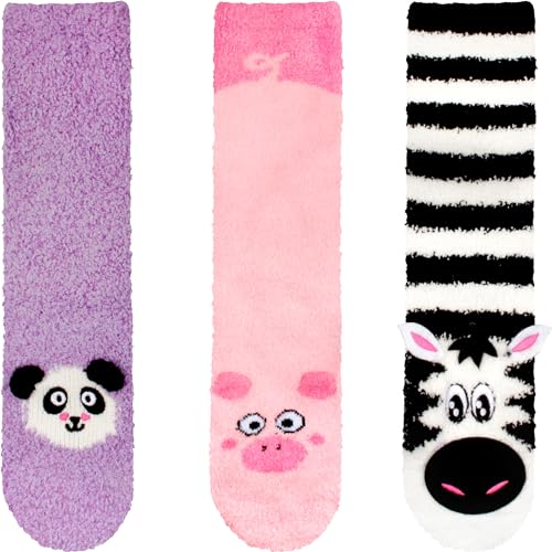 Image of BambooMN Super Soft Warm Cute Animal Face Non-Slip Fuzzy Crew Winter Home Socks, Value Pack