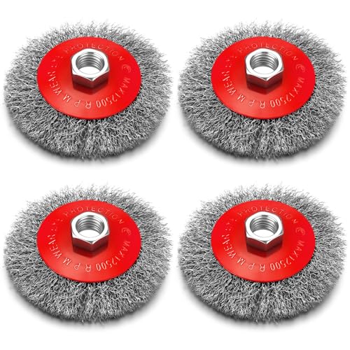 Image of Bokon 4 Pack 4 Inch Coarse Crimped Wire Wheel for 4 1 /2 Angle Grinder with 5 /8 Inch-11 Threaded Arbor - 0.014 Inch Carbon Steel Wire for Rust, Corrosion, Paint Removal