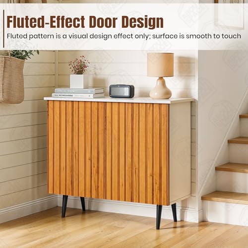 Image of ABOUT SPACE 3 Tier Shoe Rack with Door | Press Open 2 Door Engineered Wood Shoe Stand for Home | Smooth Non-Fluted-Effect Adjustable Shelf Raised Legs 9-12 Pair Shoes Storage Cabinet |White & Teak