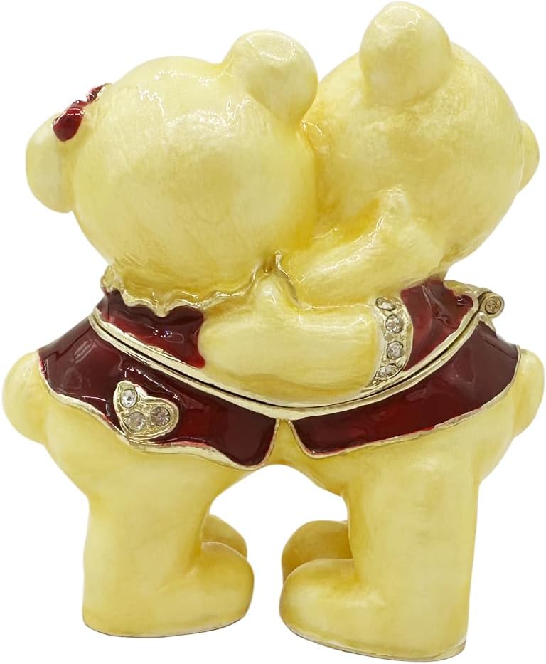 Bear Couple Trinket Box Hand-Painted Golden Enameled Hinged Jewelry Box, Cute Bears Keepsake for Partner & Girlfriend, Unique Valentine's Day Gift, Home Decor Collectible