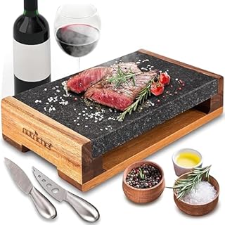 Nutrichef Ensemble de Grillade avec Pierre de Cuisson- Plaque Grésillante en Roche Volcanique pour Steak, BBQ et Viandes Cuit et Retien-Plateau Chauffant pour Servir les Aliments