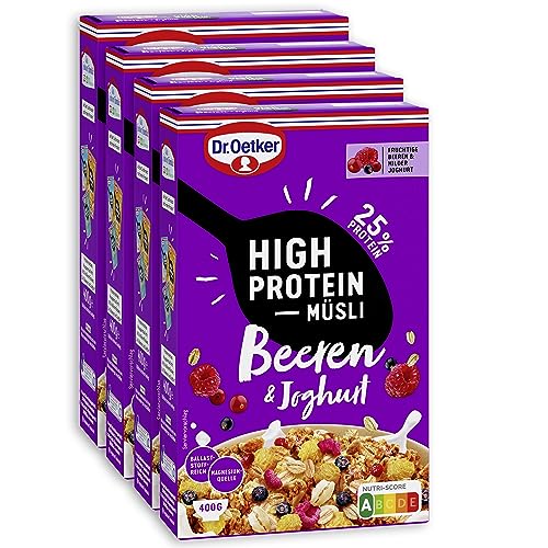Dr. Oetker High Protein Müsli Beeren & Joghurt 4er Pack Müsli aus wertvollen Flocken, Protein Cerealien, Himbeeren, Johannisbeeren, Cranberriesaft sowie Joghurt