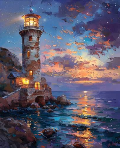 数字油絵 灯台 数字キットによる絵画 風景 Paint by Numbers DIYペイント 大人の 初心者 子供用 簡単に塗れる アクリル水彩絵の具 手芸 画材 手工芸 キット 3つのペイントブラシと1つのセットのアクリル顔料を使用 ホーム オフィス装飾