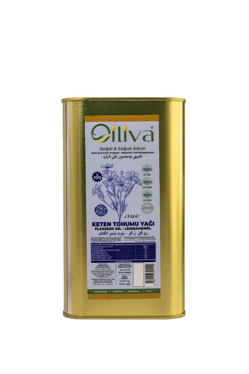 OİLİVA Keten Tohumu Yağı 1 Litre Teneke –%100 Doğal Soğuk Sıkım, Yemeklik, Salata, Saç ve Cilt Bakımı İçin Sağlıklı Bitkisel Yağ
