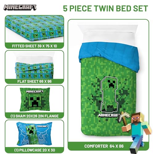 Image of Jay Franco Minecraft Creeper Twin Comforter Set - 5 Piece Kids Bedding Bed in a Bag with Comforter, Sheets & Pillow Covers, Super Soft Machine Washable Microfiber, Green (Official Minecraft Product)