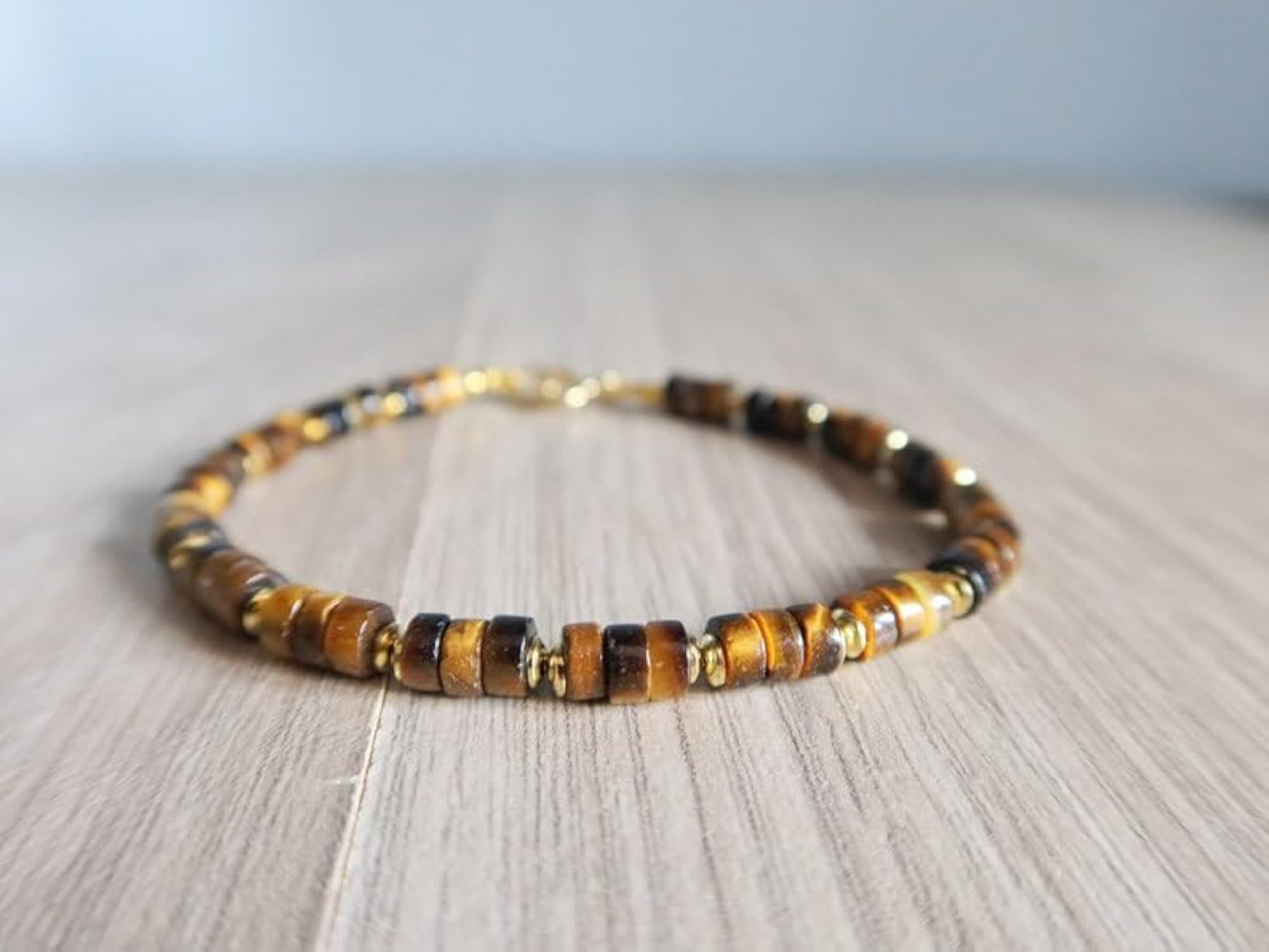 Unisex Tigers Eye Tyre Beaded Bracelet with Gold Lock