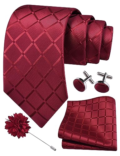 Image of GUSLESON 3.15 inch（8cm） Mens Tie and Lapel Pin Plaid Checkered Necktie Hankerchief Cufflinks Set for Men