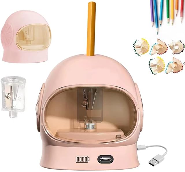 Electric Pencil Sharpener Kids Heavy Duty, 6-8mm JIJICZ Battery Mains Power Operated Mini Automatic Pencil Sharpeners with Container for Home Office Teacher Small (Pink)