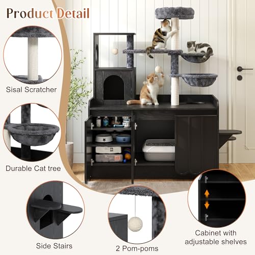 Árbol para gatos moderno con caja de arena oculta y almacenamiento lateral miniatura 4