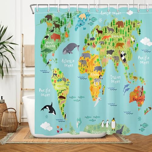 AS ART SENSEAS World Map Shower Curtain Fun Kids Bathroom Shower Curtain Set World Map for Kids Shower Curtains Cloth Fabric Shower Curtain