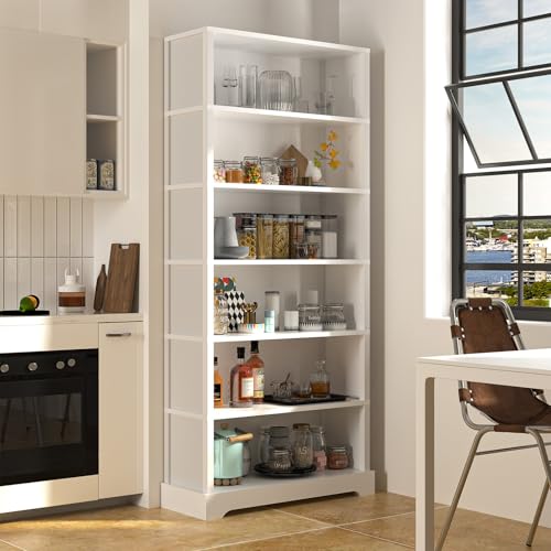 Image of TVU 6-Tier Wooden Bookshelf, 77.2 inch Tall Farmhouse Style Open Bookcase, 31.5 inch W Standing Bookshelf with Storage, Suitable for Study, Living Room, Office, White
