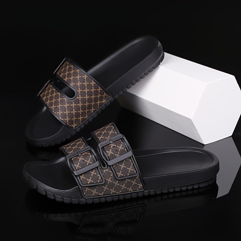 Men's Summer 2024 Open-Toe Slides - Non-Slip, Odor-Resistant with Soft EVA Sole, Casual Outdoor Flip-Flops in Black and Brown Geometric Pattern4