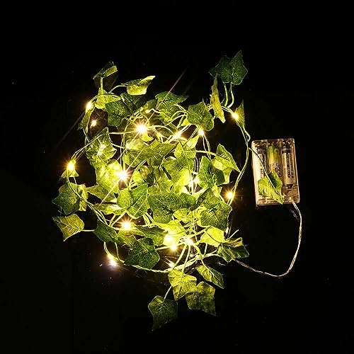 Image of MoonlitDreams 7ft Artificial Money Plant Vine with 30 Warm White LED Lights, Battery Operated Copper Wire String, Decorative Hanging Creeper for Bedroom, Wall, Balcony & Home Decor