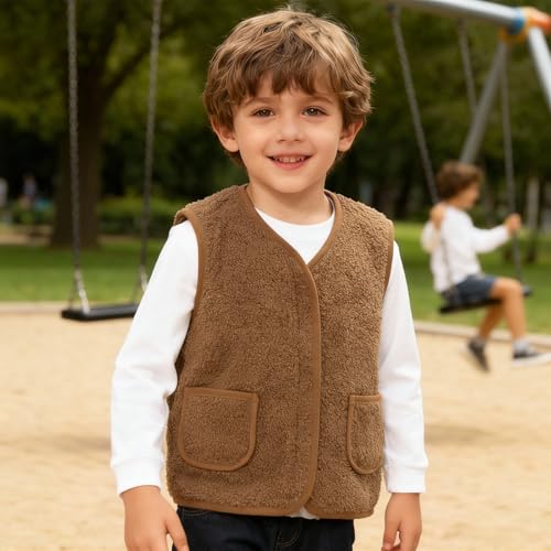 Youkly Teddy Fleece Weste Kinder, Ärmellos Fleecejacke Jungen Mädchen, V-Ausschnitt Teddyfleece Jacke, Warm Winterjacke Plüschweste Fleeceweste Kinder (DE/NL/SE/PL, Numerisch, 100, Regular, Braun)
