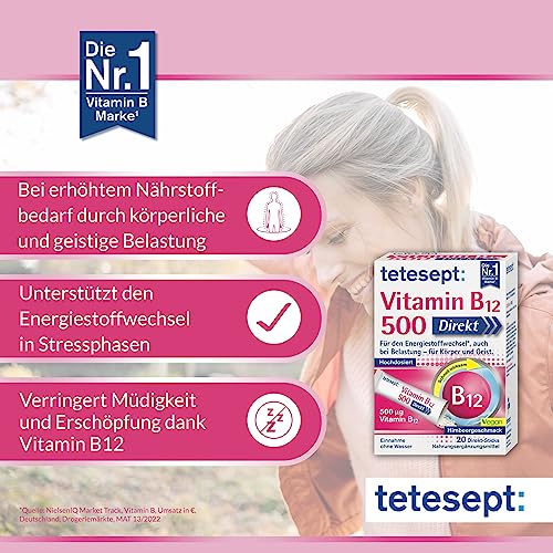 tetesept Vitamin B12 500 Direkt - 4 x 20 Direkt-Sticks - Nahrungsergänzungsmittel für den Energiestoffwechsel*, auch bei Belastung - Vitamin B12 Pulver hochdosiert zur Einnahme ohne Wasser