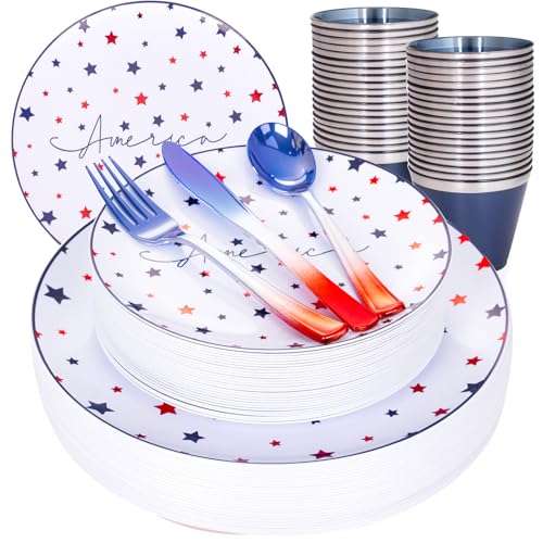 EI 180pcs 4th of July Plastic Plates,Red White Blue Plate with Plastic Silverware,Independence Day Plates,American Flag Patriotic Party Supplies for Memorial Day,Independence Day,Veterans Day