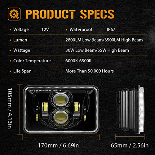 Image of Auxbeam 4x6 LED Headlights DOT Approved Rectangular Headlamps 2PCS Black