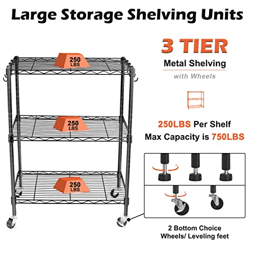 Image of WDT 3-Tier Storage Shelves, Heavy Duty Metal Shelves Wire Rack Shelving Unit, Adjustable Shelf with Wheels for Home Office Garage Kitchen Bathroom, 24 inch D x 14 inch W x 32 inch H