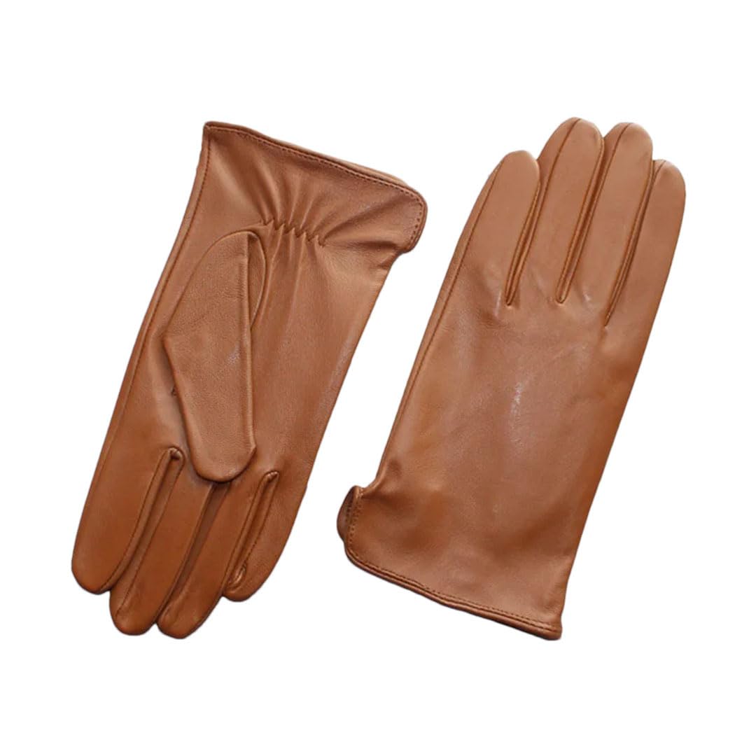 Herren-Handschuhe aus Schaffell, einfarbig, dünn, Leder, ungefüttert, Touchscreen, geriffelt, Motorradhandschuhe, Gelbbraun, Größe 9