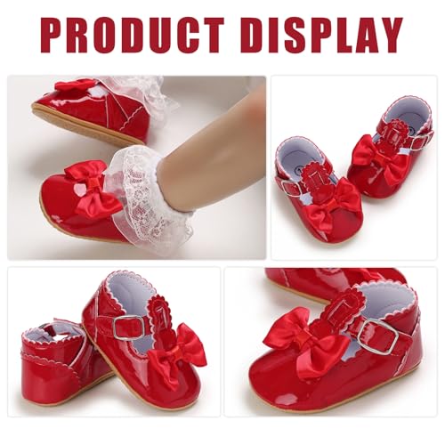 Image of Baby Girl Mary Jane Flats Dress Shoes - Infant Newborn Shoes Anti-Slip Soft PU Leather Party School Wedding Princess Baby Girl Shoes 0-18M