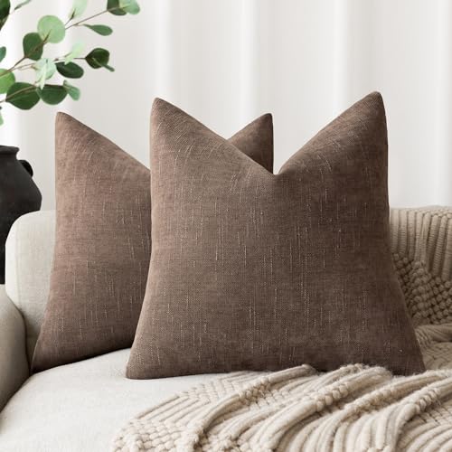 Image of Foindtower Set of 2 Soft Textured Chenille Throw Decorative Pillow Covers Square Accent Solid Cushion Cover Cozy Neutral Farmhouse Pillow Case for Couch Sofa Bedroom Living Room 16x16 Inch, Chocolate