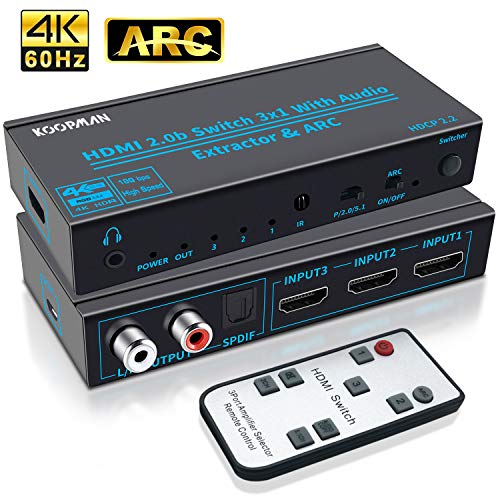 HDMI Switch 3 in 1 out, Koopman 4K@60Hz HDMI 2.0 Switcher Audio Extractor
