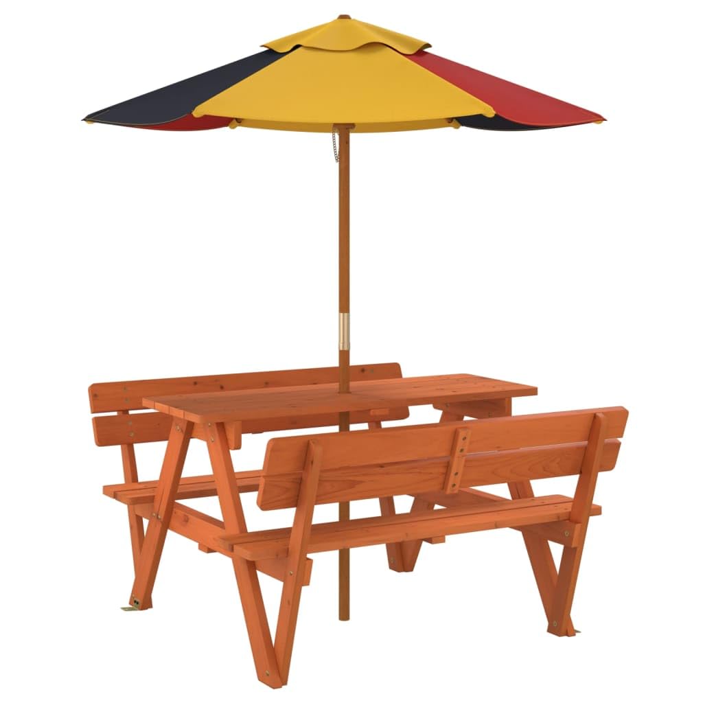 Tavolo da picnic per 4 bambini in legno di abete massiccio con ombrellone, resistente alle intemperie e stabile, ideale per giardino, terrazza, balcone, campeggio e feste, facile da pulire